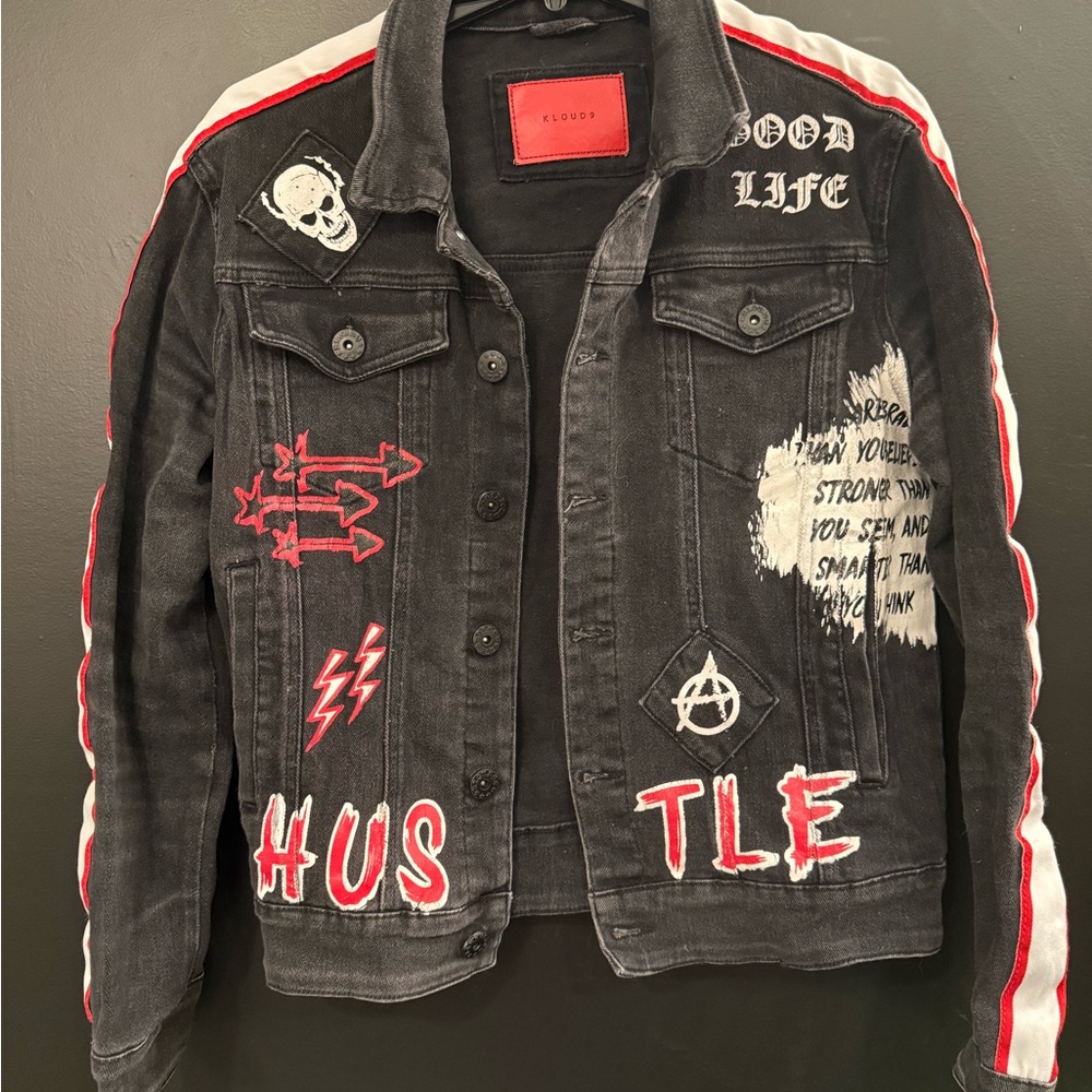 Black Denim Jacket with Red and White Patches